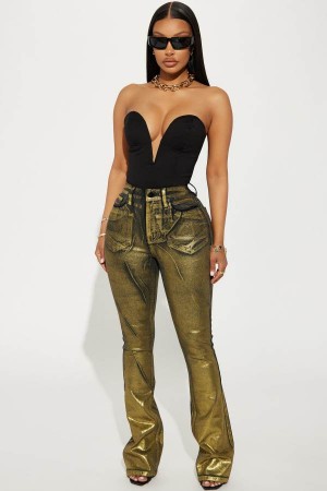 Black / Gold Fashion Nova So Golden Foil Print Stretch Bootcut Women Jeans USA | 435018QKD