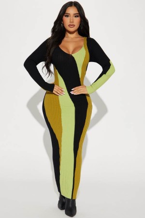 Black / Green Fashion Nova Peyton Sweater Maxi Women Dress USA | 102684NXY