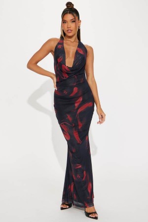 Black / Red Fashion Nova Dora Mesh Maxi Women Dress USA | 498105OIC