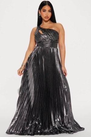 Black / Silver Fashion Nova Serena Pleated Metallic Maxi Women Dress USA | 503829HGL