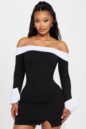 Black / White Fashion Nova Alice Off Shoulder Mini Women Dress USA | 918476NDM