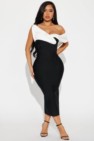 Black / White Fashion Nova Allison Bandage Midi Women Dress USA | 738591HJG