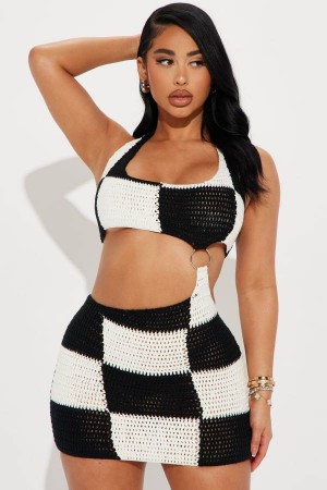 Black / White Fashion Nova Kaia Crochet Mini Women Dress USA | 143829PRT