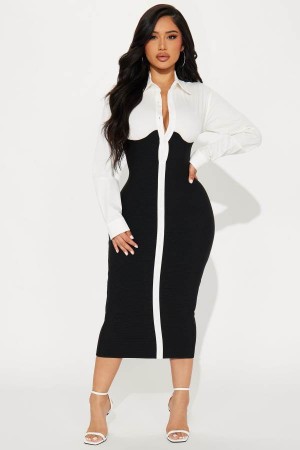 Black / White Fashion Nova Let's Get Serious Midi Shirt Women Dress USA | 539017LKQ