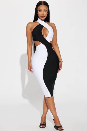 Black / White Fashion Nova North Bandage Midi Women Dress USA | 123785BZI