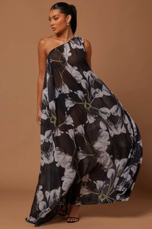 Black / White Fashion Nova Seville Chiffon Maxi Women Dress USA | 427063XOR