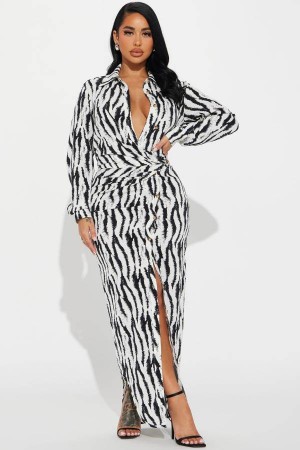 Black / White Fashion Nova Silva Crepe Maxi Women Dress USA | 940316QJY