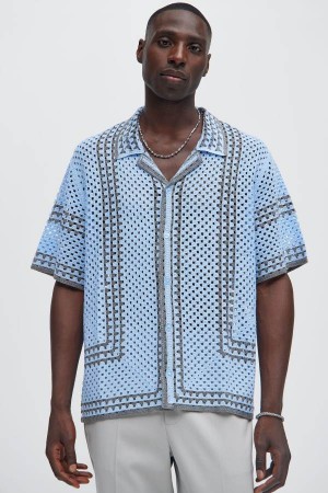 Blue Fashion Nova Allston Crochet Knit Men Shirts USA | 249016BMO