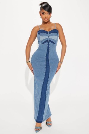 Blue Fashion Nova Butterfly Denim Maxi Women Dress USA | 608719GSK