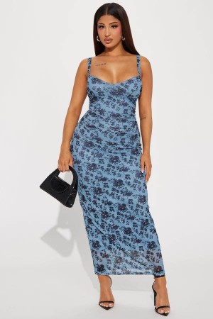 Blue Fashion Nova Carolina Mesh Maxi Women Dress USA | 041975NQK