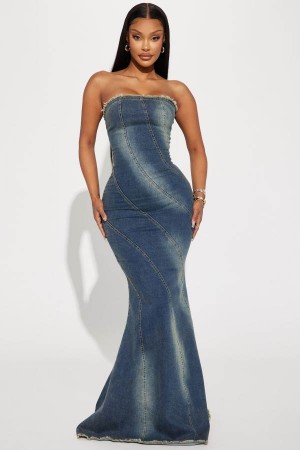 Blue Fashion Nova Dana Denim Maxi Women Dress USA | 305798BHS