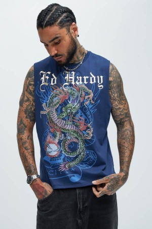 Blue Fashion Nova Ed Hardy Dragon Muscle Men T-Shirt USA | 612783QBJ