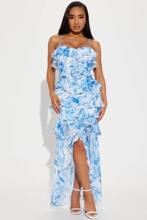 Blue Fashion Nova Elisa Ruffle Chiffon Maxi Women Dress USA | 084251OUX