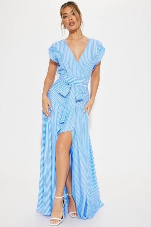 Blue Fashion Nova Evelyn Striped Maxi Women Dress USA | 529468GTU