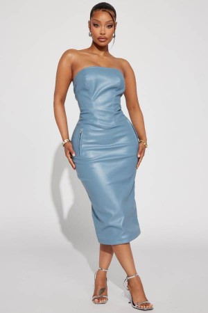 Blue Fashion Nova Harley Strapless Faux Leather Midi Women Dress USA | 083152QCL