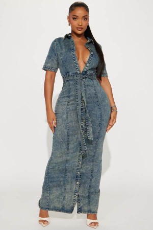 Blue Fashion Nova Kara Denim Maxi Women Dress USA | 759162LUM