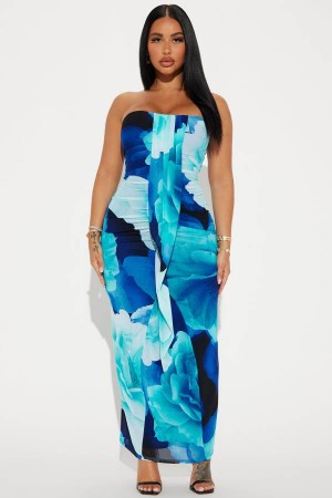 Blue Fashion Nova Kat Mesh Maxi Women Dress USA | 054168QYV