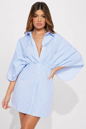 Blue Fashion Nova Lilliana Button Up Mini Women Dress USA | 095341KQY