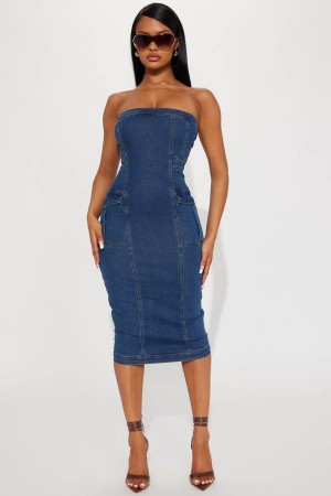 Blue Fashion Nova Lisa Denim Midi Women Dress USA | 627940ATK