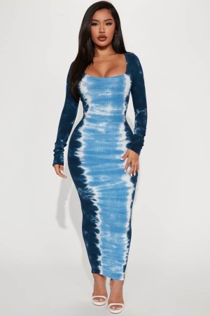 Blue Fashion Nova Natalia Tie Dye Maxi Women Dress USA | 234187UCT