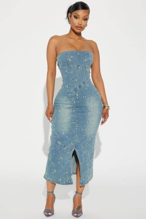 Blue Fashion Nova Raleigh Corset Denim Maxi Women Dress USA | 840529EUM