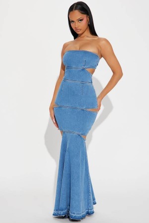 Blue Fashion Nova Raya Denim Maxi Women Dress USA | 651249YCH