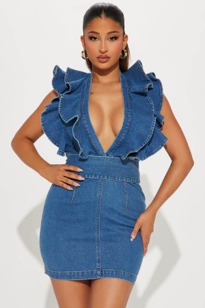 Blue Fashion Nova Renae Denim Mini Women Dress USA | 635274QAT