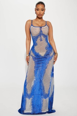 Blue Fashion Nova Show Out Rhinestone Maxi Women Dress USA | 502671CHX