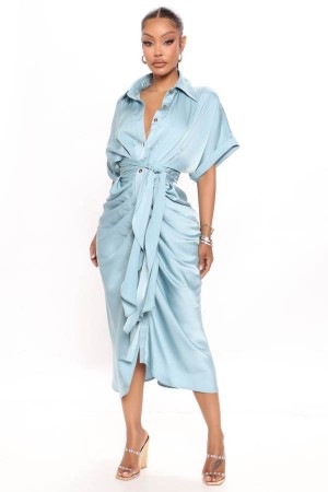 Blue Fashion Nova Stuck In The City Satin Midi Women Dress USA | 415870PQV