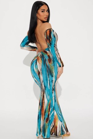 Blue Fashion Nova Vanessa Abstract Maxi Women Dress USA | 532471DYB