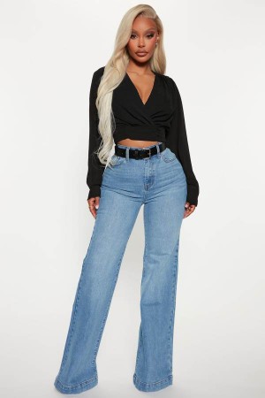 Blue Wash Fashion Nova Bridge The Distance Wide Leg Women Jeans USA | 402316FXW