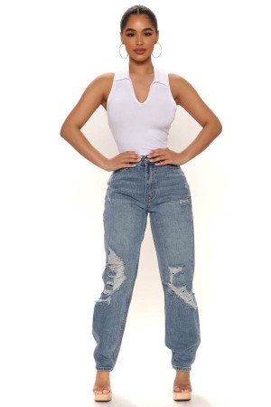 Blue Wash Fashion Nova Broke Your Heart Distressed Slim Mom Women Jeans USA | 982346GHQ