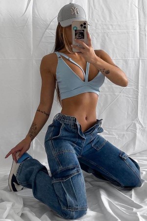 Blue Wash Fashion Nova Don't You Worry Wide Leg Cargo Women Jeans USA | 394068ULN