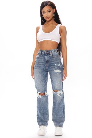 Blue Wash Fashion Nova Go Off Boyfriend Distressed Women Jeans USA | 736921GNW