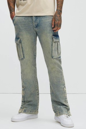 Blue Wash Fashion Nova Kyan Cargo Flare Men Jeans USA | 729436XQB