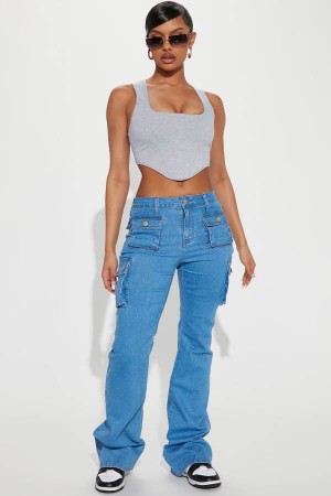 Blue Wash Fashion Nova Late Nights Mid Rise Cargo Flare Women Jeans USA | 657021AUS