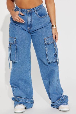 Blue Wash Fashion Nova Love Hurts Ankle Strap Cargo Women Jeans USA | 250836YKW