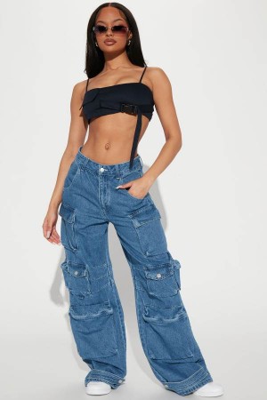 Blue Wash Fashion Nova No Boys Allowed High Rise Cargo Women Jeans USA | 693750KCP