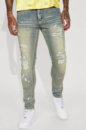 Blue Wash Fashion Nova On The Spot Ripped Stacked Skinny Men Jeans USA | 974213ZNU