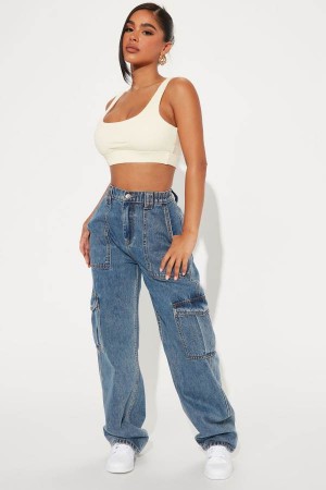 Blue Wash Fashion Nova Petite Don't You Worry Wide Leg Cargo Women Jeans USA | 304297SEV