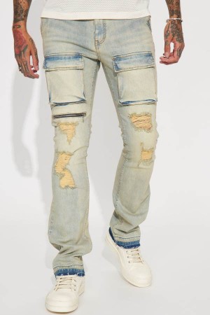 Blue Wash Fashion Nova Pockets Full Of Money Stacked Skinny Flare Men Jeans USA | 974852DBX