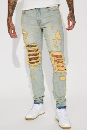 Blue Wash Fashion Nova Pray For My Enemies Destroyed Stacked Skinny Men Jeans USA | 523478CBK