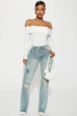 Blue Wash Fashion Nova Risk It All Ripped Straight Leg Women Jeans USA | 205768AIX