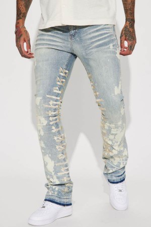 Blue Wash Fashion Nova Ruthless Embroidered Stacked Skinny Flare Men Jeans USA | 684093SEI