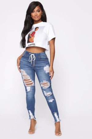 Blue Wash Fashion Nova Talk That Talk Distressed Skinny Women Jeans USA | 105862DST