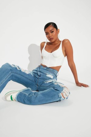 Blue Wash Fashion Nova Tall Don't Get Crossed Over Slouch Fit Women Jeans USA | 708413JYG