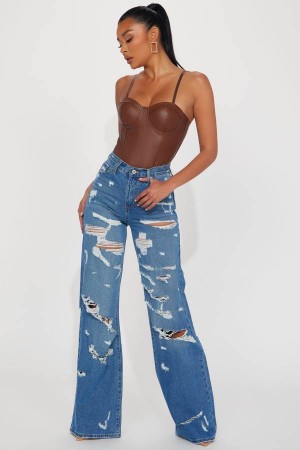 Blue Wash Fashion Nova Tall Super Destroyed Wide Leg Women Jeans USA | 691307CHZ