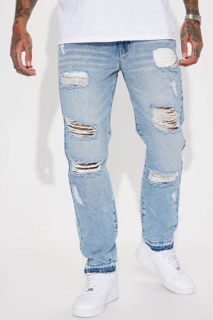 Blue Wash Fashion Nova The Individual Ripped Straight Men Jeans USA | 314825FNU