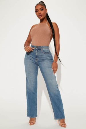 Blue Wash Fashion Nova Uptown Stretch High Rise Straight Leg Women Jeans USA | 971453NKS