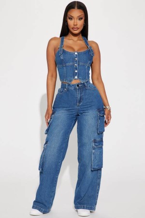 Blue Wash Fashion Nova Wear Me Out Baggy Cargo Women Jeans USA | 960513WDA